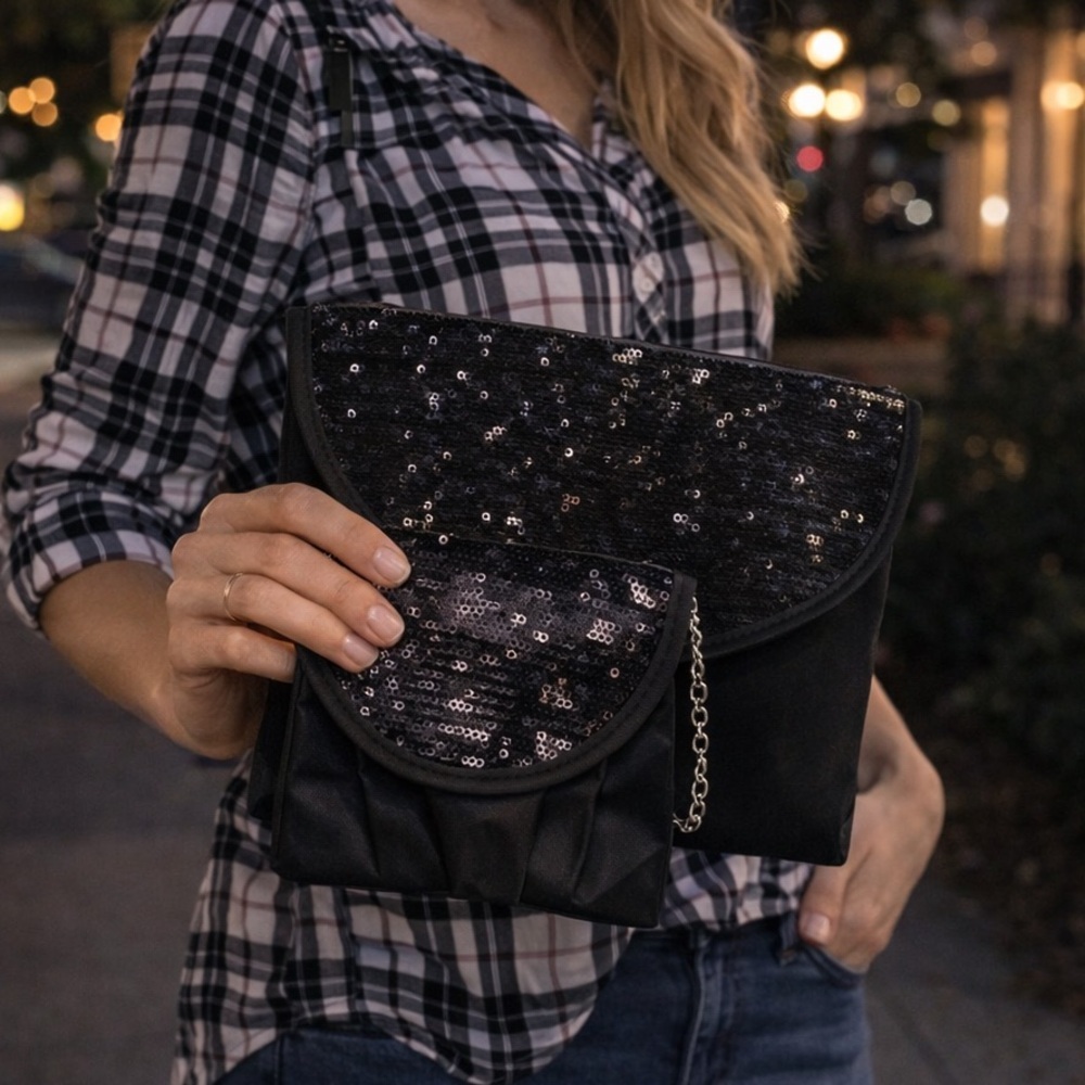 NWT Black & Silver Sequined Cosmetic Makeup Bag Set | 2-Piece Glam Pouch Bundle